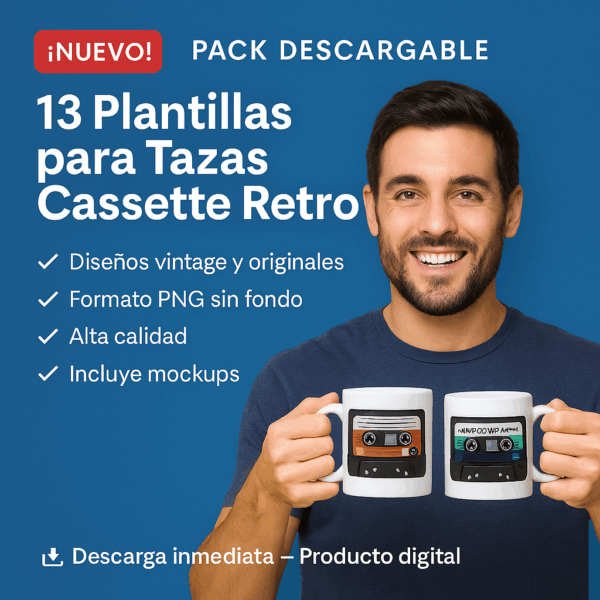 Pack 13 Plantillas de Tazas Cassette Retro – Sublimación PNG + Mockups